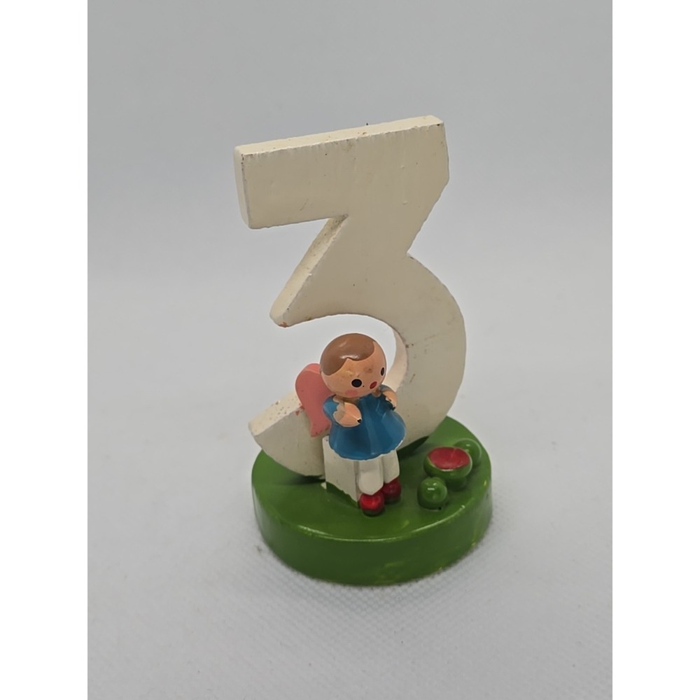 Vintage SEVI Three 3 Birthday Cake‎ Topper 3" Figurine Wood Angels Italy